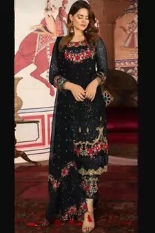 BLACK EMBROIDERED NET SEMI STITCHED SALWAR WITH DUPATTA