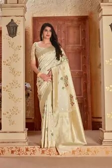 OFF WHITE WOVEN BANARASI SILK SAREE WITH BLOUSE