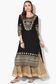 WOMEN'S BLACK COTTON BLOCK PRINTS LONG STRAIGHT KURTI